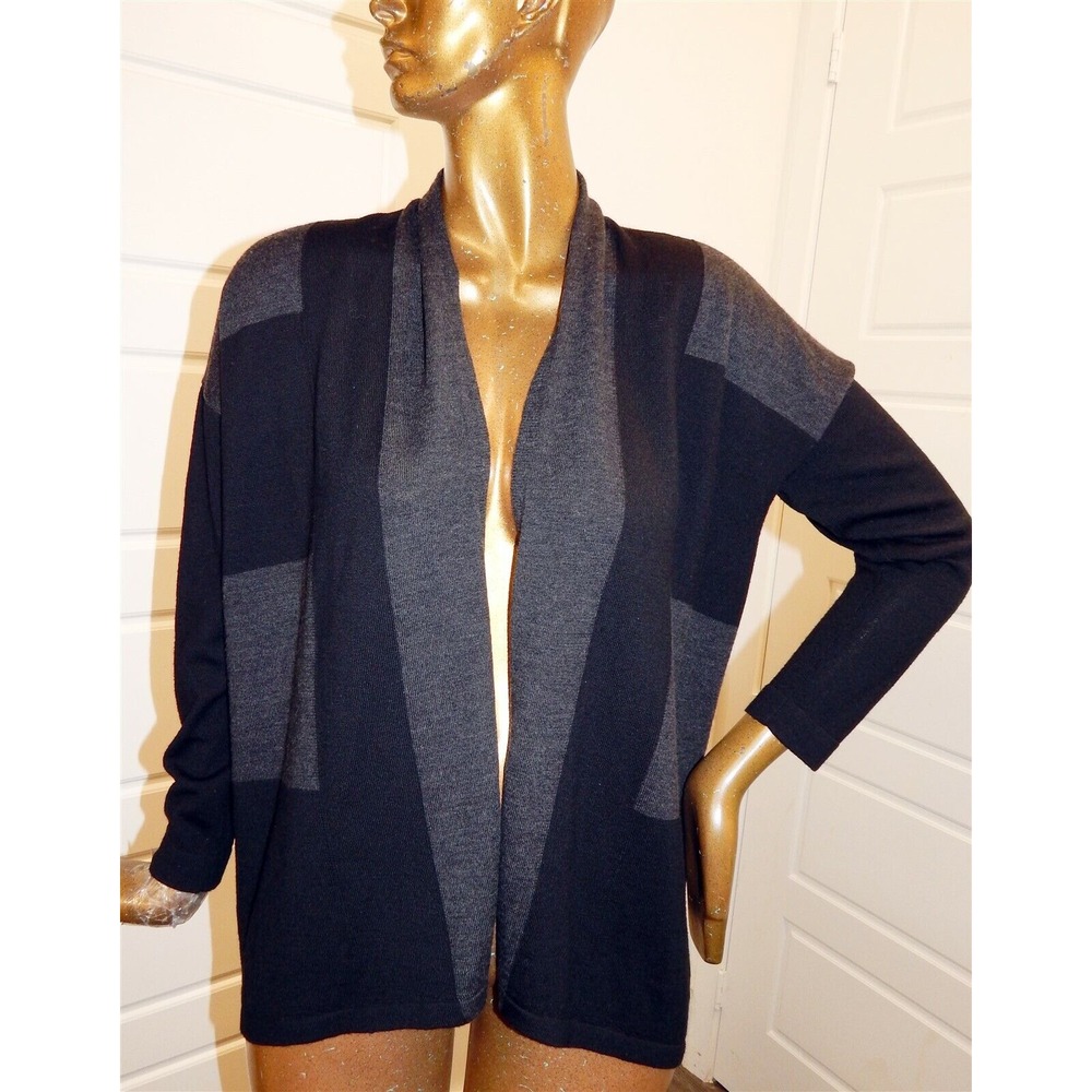 Eileen Fisher Gray Black Color Block 100% Wool Knit Cardigan Sweater sz S